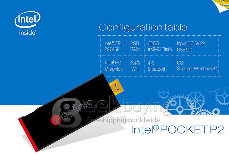 Beelink Pocket P2 Windows10 TV Stick Dongle Quad Core Intel Z3735F 64bit 1.8GHz 2G RAM 32G ROM Wifi Bluetooth - Black