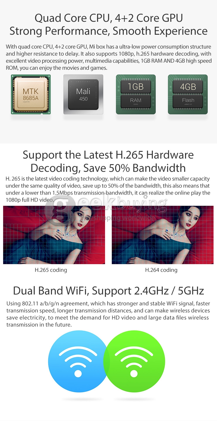 Original Xiaomi Mi Box Mini FHD Media Player MT8685 Android 4.4 Quad Core 1GB RAM 4GB ROM 1080P Bluetooth - White