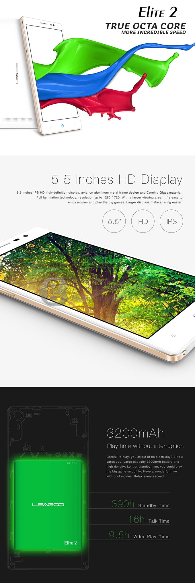 LEAGOO Elite 2 5.5inch IPS HD Android 4.4 Smartphone MTK6592 Octa Core 1.4GHz 2GB 16GB 13.0MP 8.0MP - White