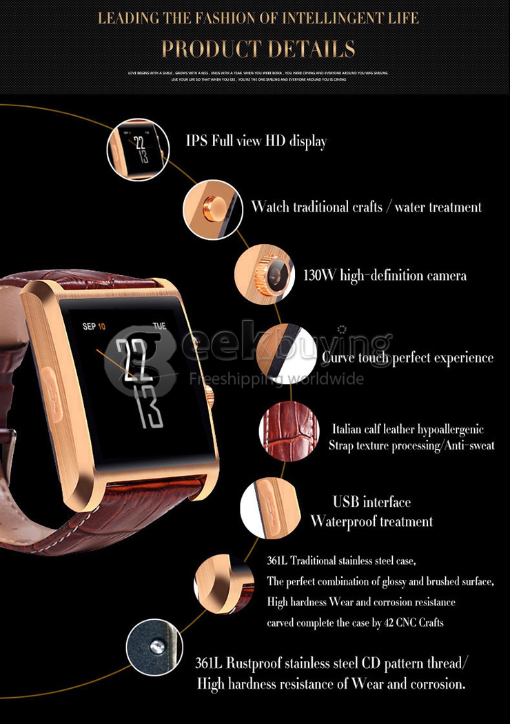 DM08 BT4.0 Smart Watch 0.3MP Camera 240*240 MTK2502A 128+32M Dial Bracelet Anti Lost Waterproof for Android IOS - Brown