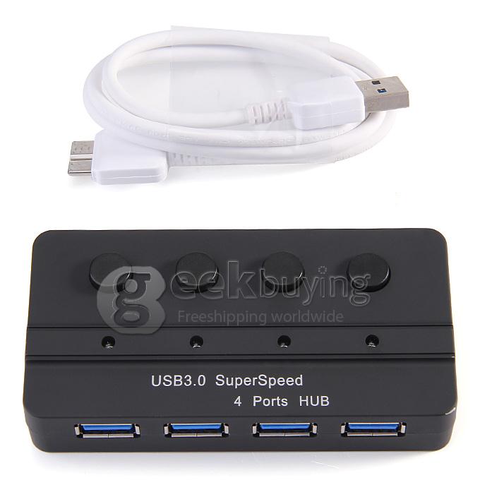 4 Ports USB 3.0 HUB with Switch Button - Black