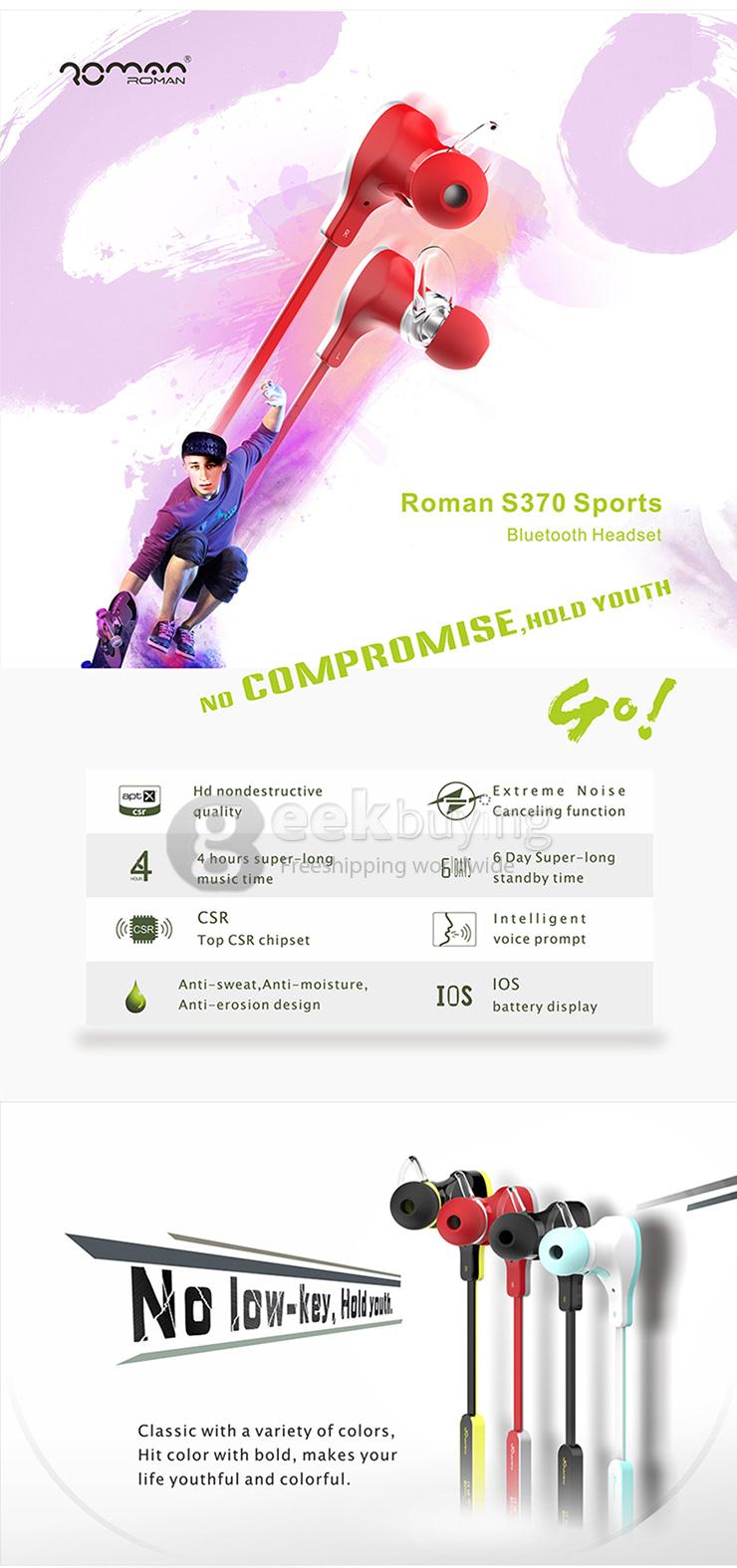 Roman S370 Bluetooth 4.1 Wireless Handsfree Sports Headphone with Volume Control for Smart Phone Tablet PC - Red