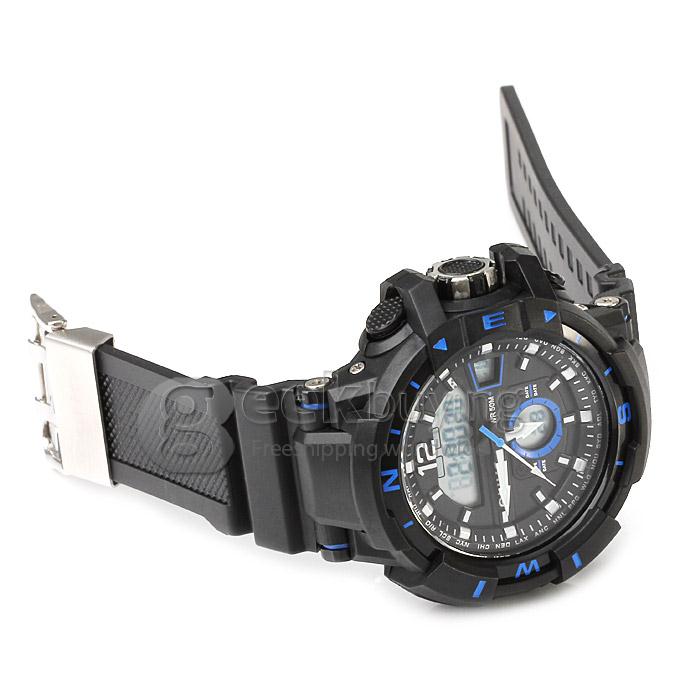 Multi-functional AK14109 Waterproof Sports Watch with Double Movement Analog & Digital Display - Blue + Black