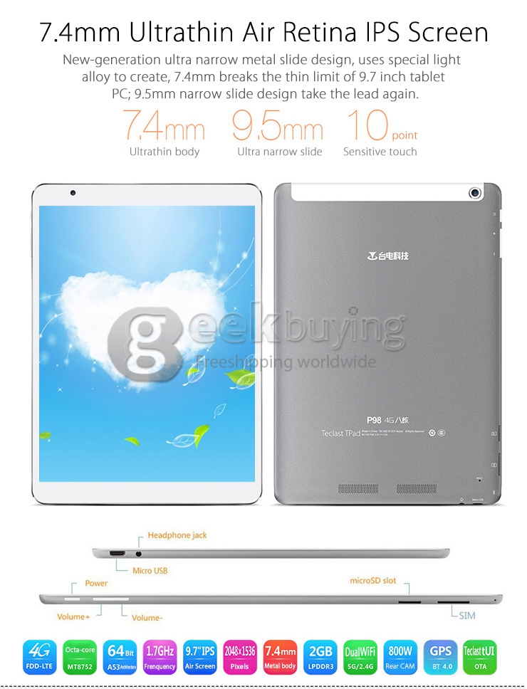 Teclast P98 4G Android 4.4 Phone Call Tablet PC 4G/3G/2G Phablet 2GB/32GB MTK8752 64 Bit Octa Core IPS Retina 9.7 Inch 2048*1536 GPS OTG WiFi - White
