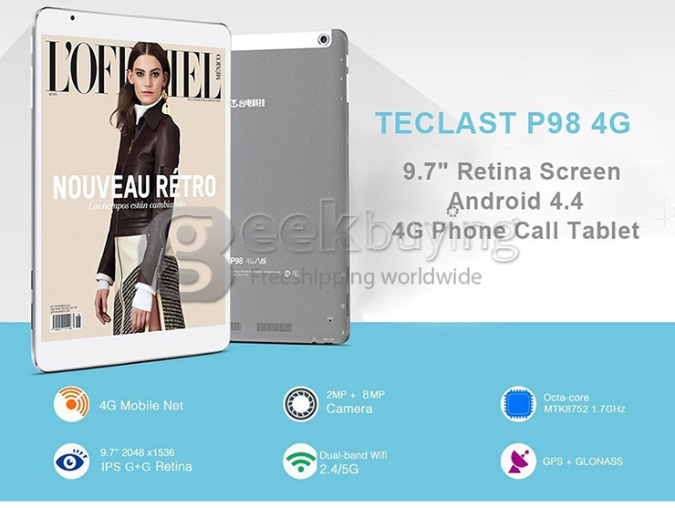 Teclast P98 4G Android 4.4 Phone Call Tablet PC 4G/3G/2G Phablet 2GB/32GB MTK8752 64 Bit Octa Core IPS Retina 9.7 Inch 2048*1536 GPS OTG WiFi - White