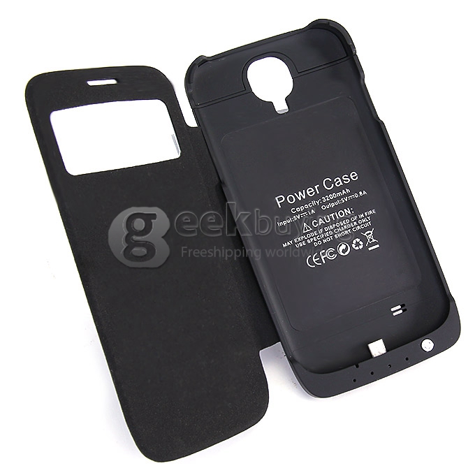 3200mAH External Power Bank Backup Battery Charger with View Flip Stand Case for Samsung Galaxy S4 i9500 - Black