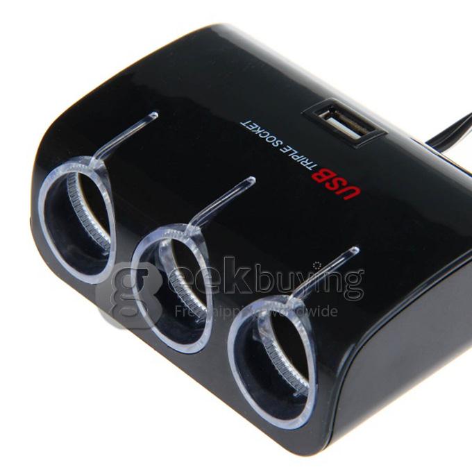 WF-073 1-to-3 Car Cigarette Lighter Socket Power Adapter with 1 USB Output - Black (DC 12V-24V)