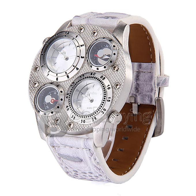 Oulm 1145 Multi-Function Male Watch with Dual Movt Dual Time Zones Compass And Thermometer Leather Band - White