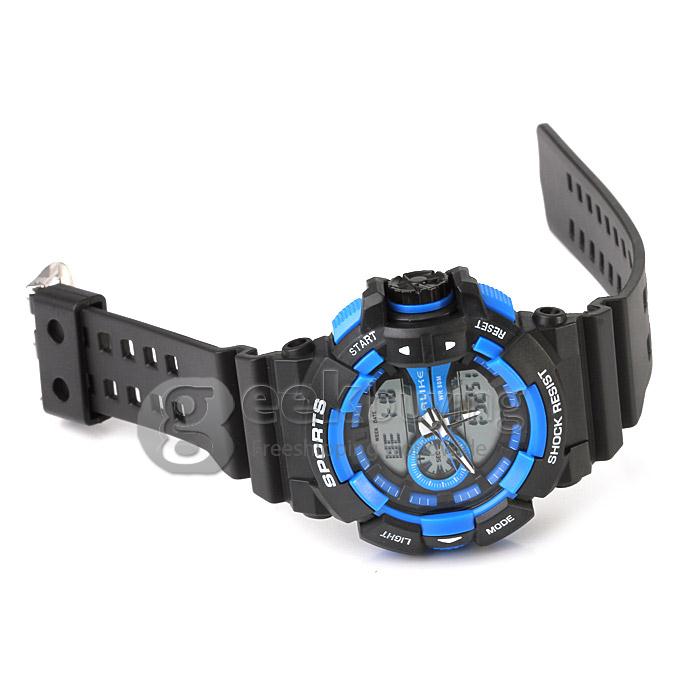 Multi-functional AK14111 Waterproof Sports Watch with Double Movement Analog & Digital Display - Blue + Black
