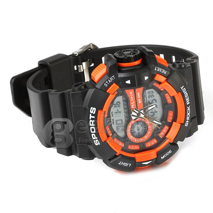 Multi-functional AK14111 Waterproof Sports Watch with Double Movement Analog & Digital Display - Orange + Black