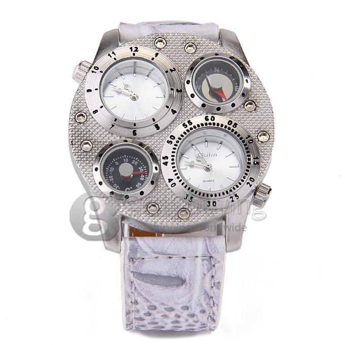 Oulm 1145 Multi-Function Male Watch with Dual Movt Dual Time Zones Compass And Thermometer Leather Band - White