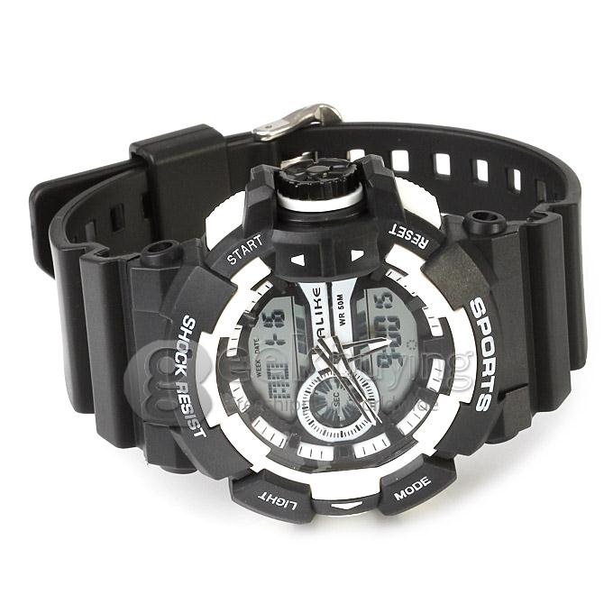 Multi-functional AK14111 Waterproof Sports Watch with Double Movement Analog & Digital Display - White + Black