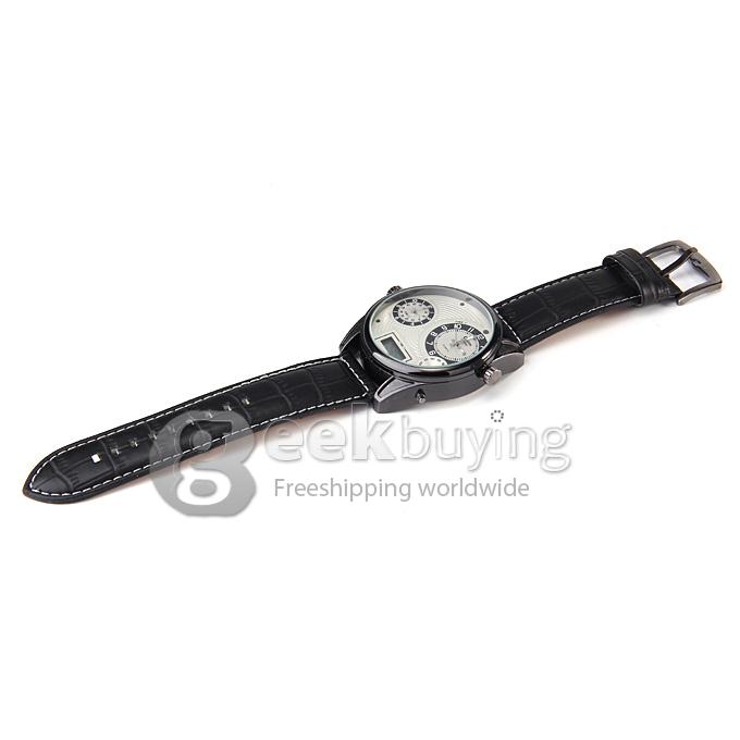Oulm 3581 Leather Men Watches with Digital Time Double Movt Numbers and Strips Hours - Black + White