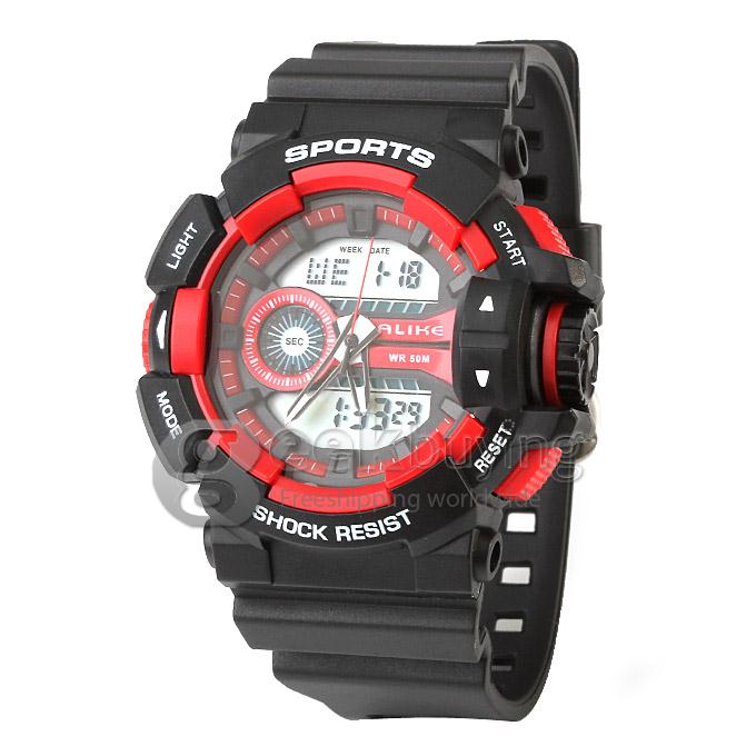 Multi-functional AK14111 Waterproof Sports Watch with Double Movement Analog & Digital Time Display - Red + Black
