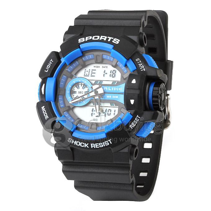 Multi-functional AK14111 Waterproof Sports Watch with Double Movement Analog & Digital Display - Blue + Black