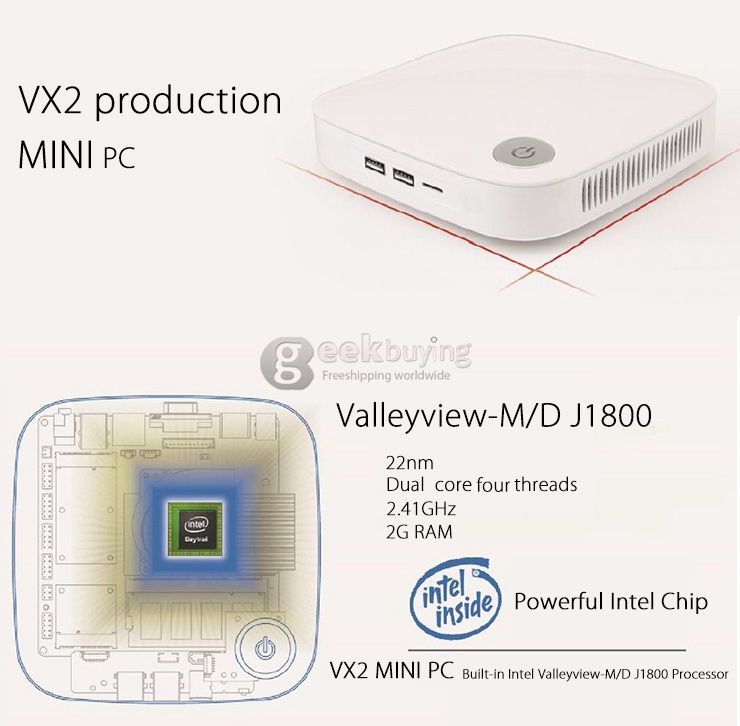 VX2 Celeron J1800 Windows 8.1 Mini PC Intel Dual Core 500G Wi-Fi 802.11 a/b/g/n ac LAN Bluetooth 4.0 XBMC KODI VGA - White