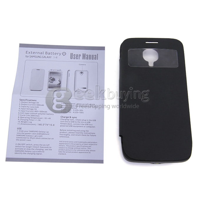 3200mAH External Power Bank Backup Battery Charger with View Flip Stand Case for Samsung Galaxy S4 i9500 - Black
