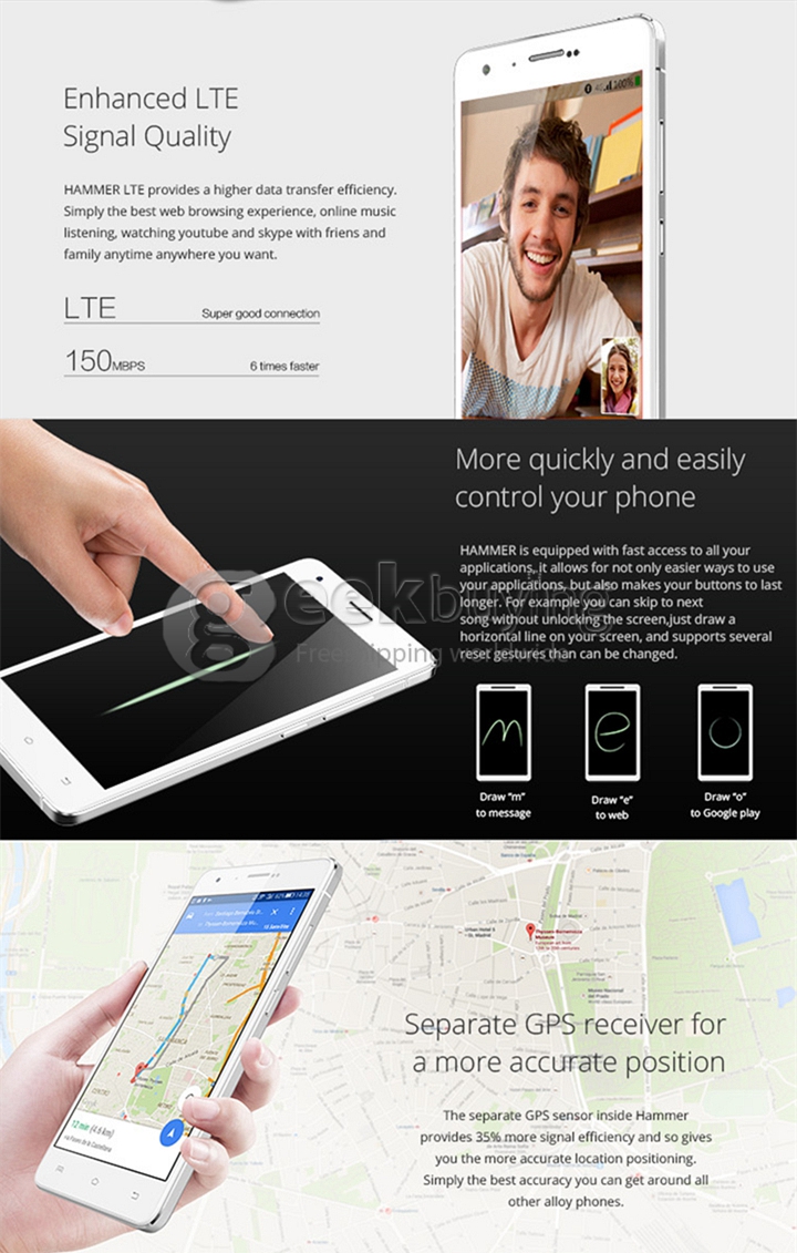 UMI Hammer 5.0inch 64bit 4G LTE Android 4.4 2GB 16GB Smartphone MTK6732A Quad Core 1.5GHz IPS HD 13.0MP Miracast - White