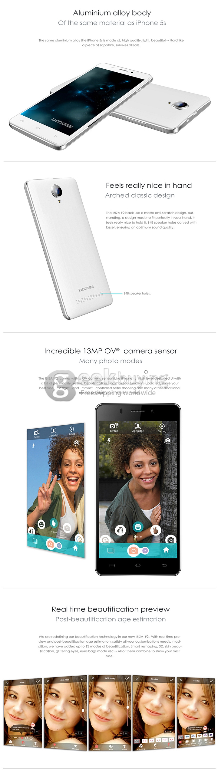 DOOGEE F2 IBIZA 5.0 Inch Android 4.4 Smartphone 4G FDD-LTE 64-Bits MTK6732 Quad Core 1.5GHz 13.0MP 1GB/8GB - White