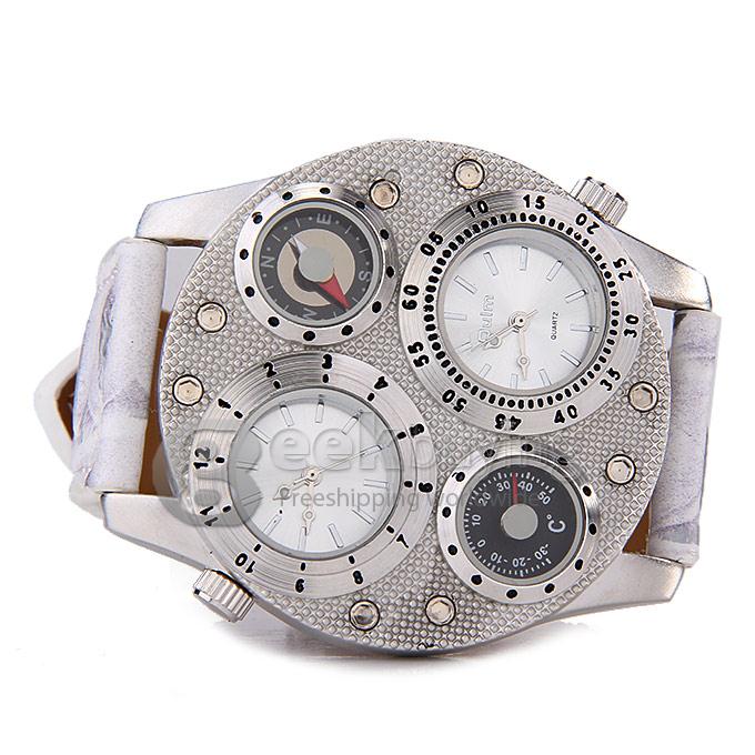 Oulm 1145 Multi-Function Male Watch with Dual Movt Dual Time Zones Compass And Thermometer Leather Band - White
