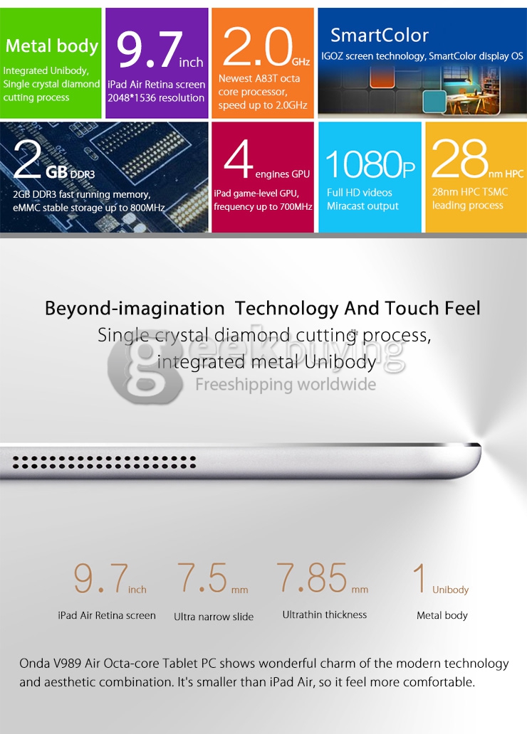 Onda V989 Air 9.7 inch Android 4.4 Tablet PC Allwinner A83T Octa Core 2.0GHz IPS Retina Screen 2048*1536 2G/32G BT OTG - White