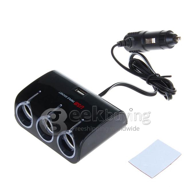 WF-073 1-to-3 Car Cigarette Lighter Socket Power Adapter with 1 USB Output - Black (DC 12V-24V)