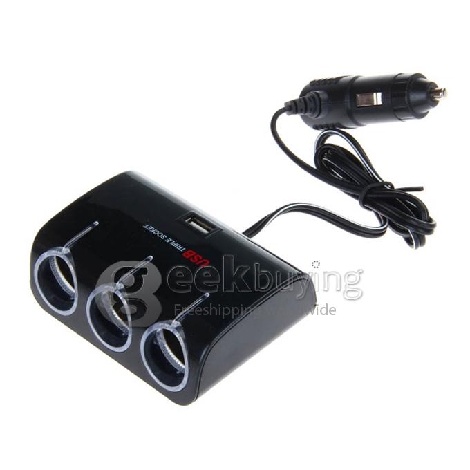 WF-073 1-to-3 Car Cigarette Lighter Socket Power Adapter with 1 USB Output - Black (DC 12V-24V)