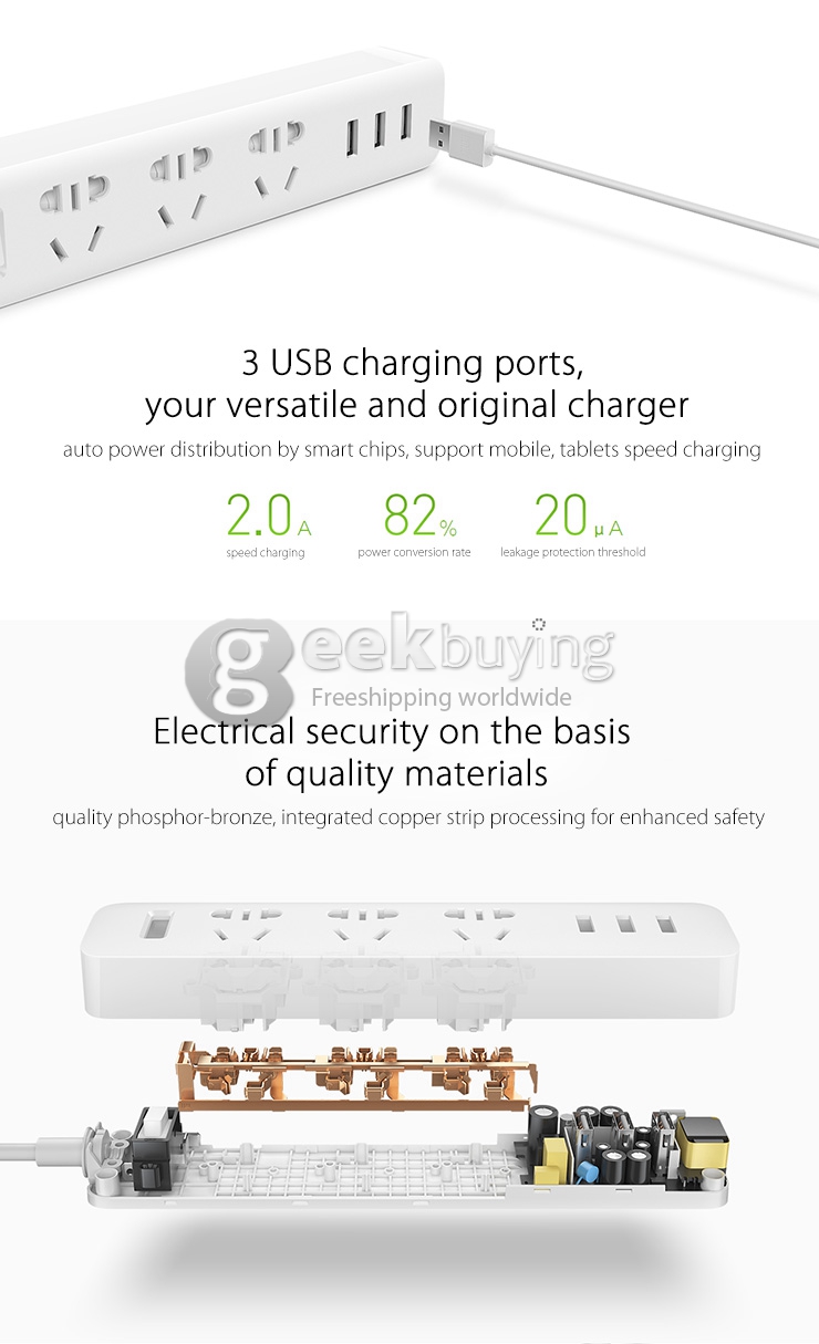 Xiaomi Mi Power Strip Patch Board with 3 USB Port 2A Fast Charge Mini Socket Adapter - White