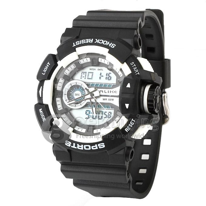 Multi-functional AK14111 Waterproof Sports Watch with Double Movement Analog & Digital Display - White + Black