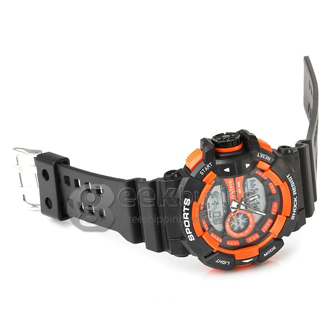 Multi-functional AK14111 Waterproof Sports Watch with Double Movement Analog & Digital Display - Orange + Black