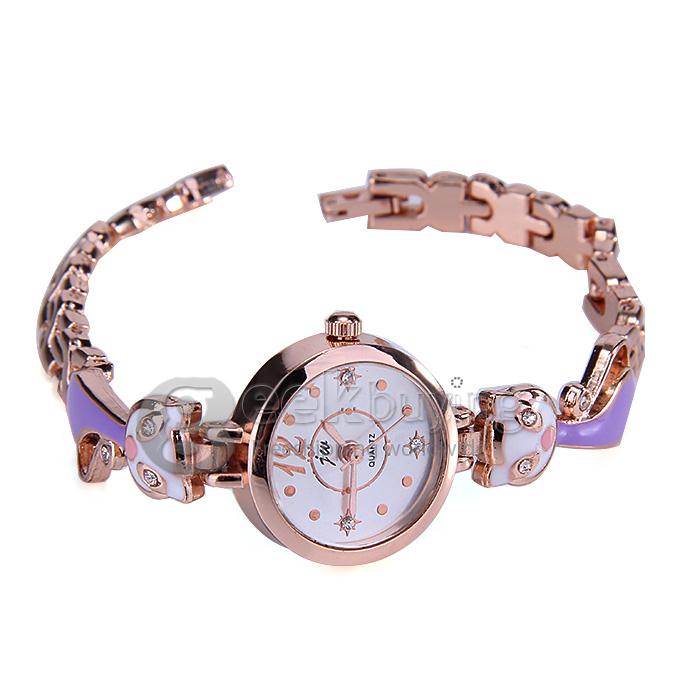 JW3471 Fashion Curve Cat Bracelet Watches - Purple + Golden
