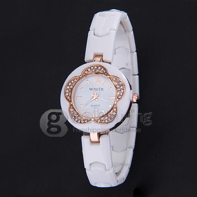 Wecin Fashion Women Bracelet Wrist Watches with Flower Design - White