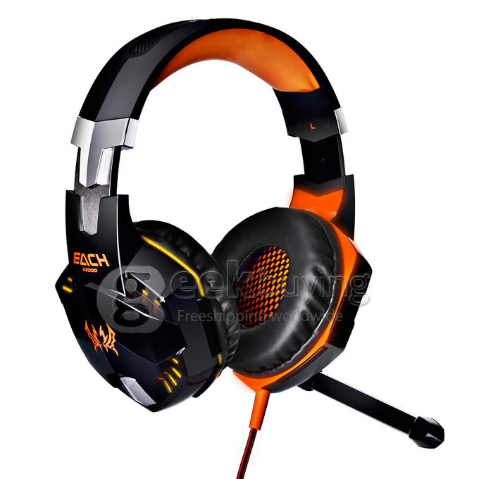 EACH G2000 Over-ear Gaming Headphone Earphone Headband With Mic Stereo Bass LED Light For PC Game - Black+Orange