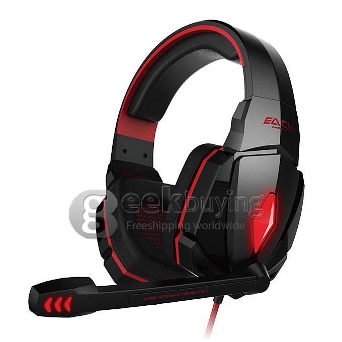 EACH G4000 Adjustable Antinoise Dazzle Light Game Stereo Headphone USB/Audio Jack Input Stretchable Band - Black+Red