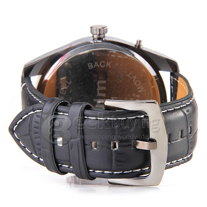 Oulm 3581 Leather Men Watches with Digital Time Double Movt Numbers and Strips Hours - Black + White