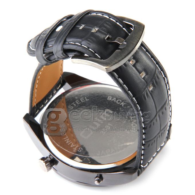 Oulm 3581 Leather Men Watches with Digital Time Double Movt Numbers and Strips Hours - Black + White