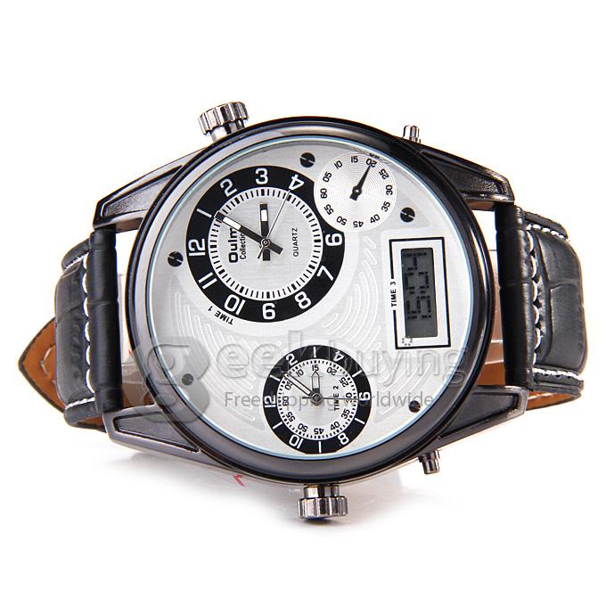 Oulm 3581 Leather Men Watches with Digital Time Double Movt Numbers and Strips Hours - Black + White