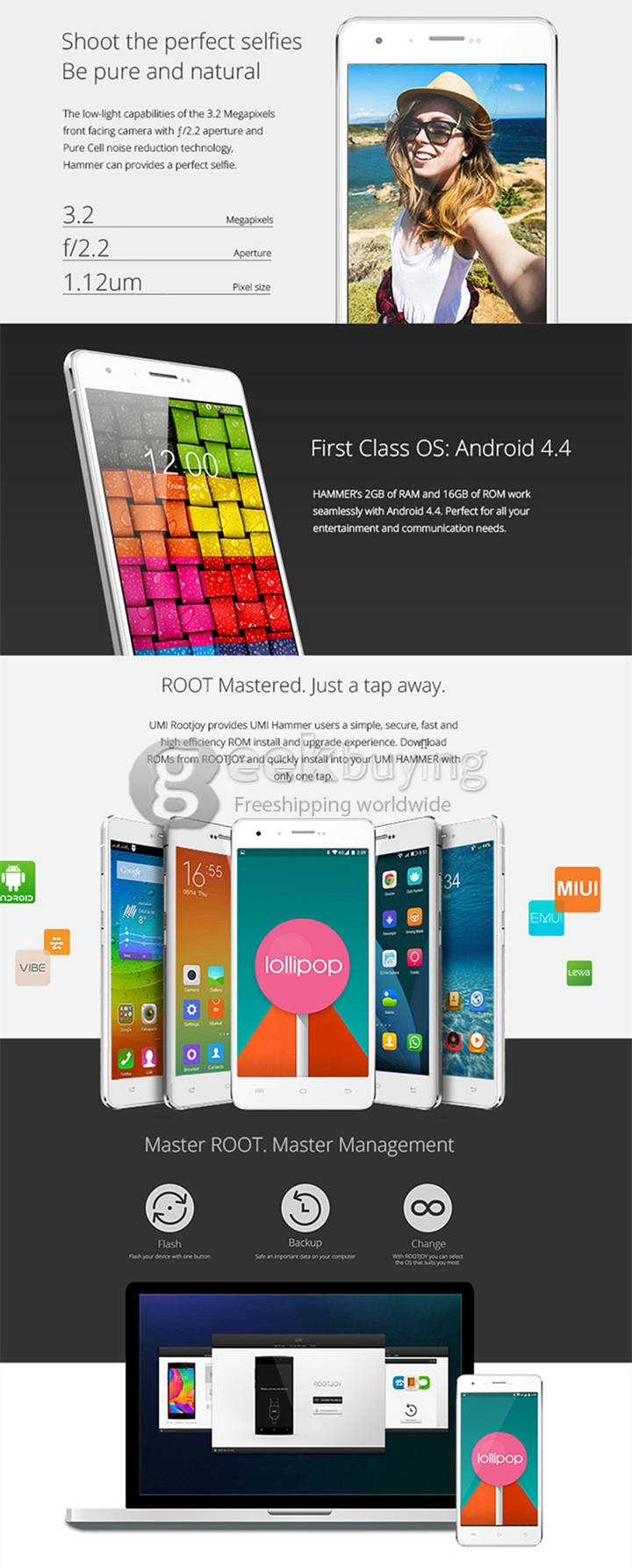UMI Hammer 5.0inch 64bit 4G LTE Android 4.4 2GB 16GB Smartphone MTK6732A Quad Core 1.5GHz IPS HD 13.0MP Miracast - White