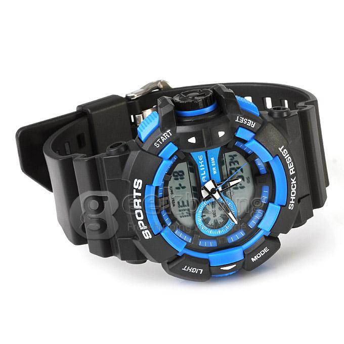 Multi-functional AK14111 Waterproof Sports Watch with Double Movement Analog & Digital Display - Blue + Black