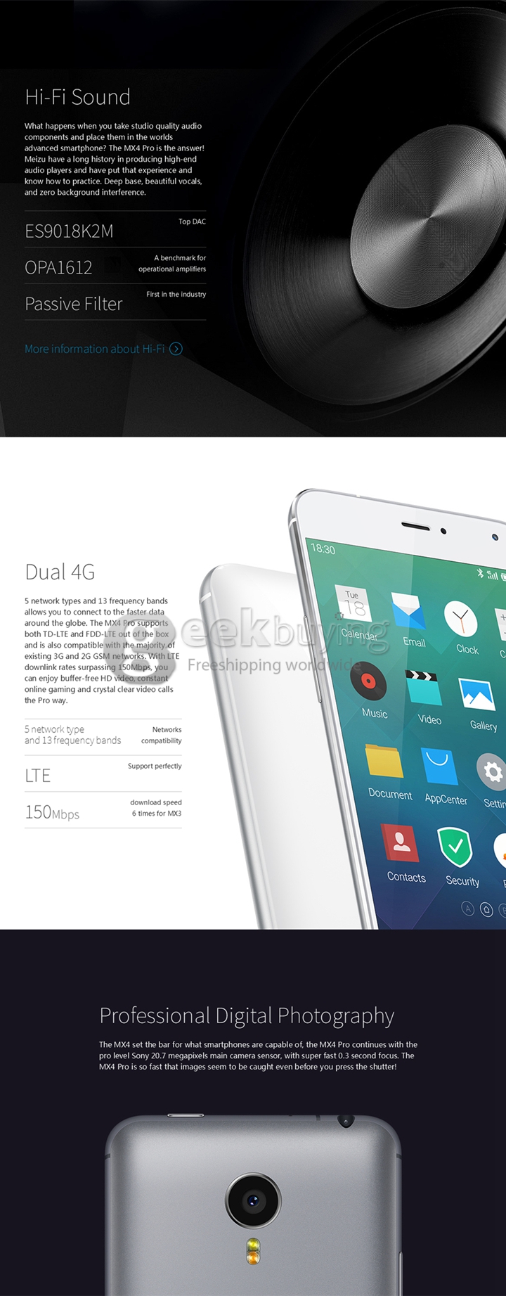 MEIZU MX4 Pro 4G 5.5 inch 2K Gorilla Glass Screen Smartphone Flyme 4 OS 3GB 16GB 20.7MP Cameras HiFi Voice Awake- Grey