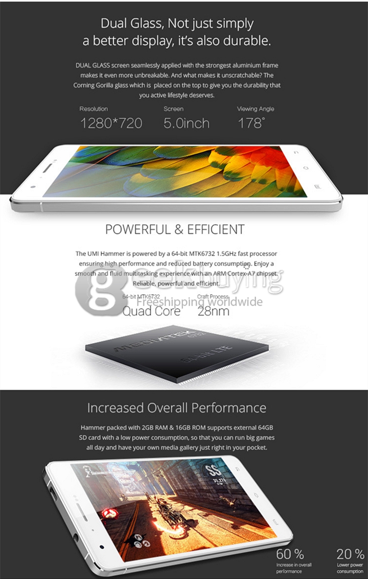 UMI Hammer 5.0inch 64bit 4G LTE Android 4.4 2GB 16GB Smartphone MTK6732A Quad Core 1.5GHz IPS HD 13.0MP Miracast - White