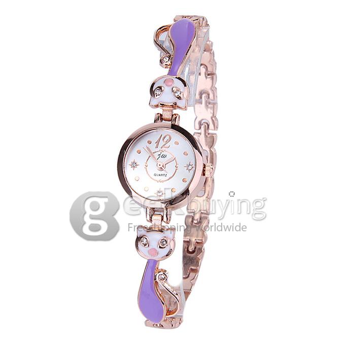 JW3471 Fashion Curve Cat Bracelet Watches - Purple + Golden