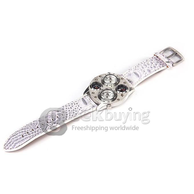 Oulm 1145 Multi-Function Male Watch with Dual Movt Dual Time Zones Compass And Thermometer Leather Band - White