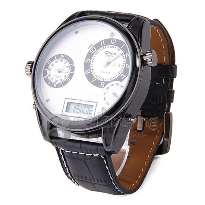 Oulm 3581 Leather Men Watches with Digital Time Double Movt Numbers and Strips Hours - Black + White