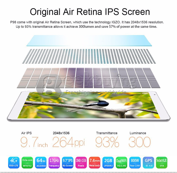 Teclast P98 4G Android 4.4 Phone Call Tablet PC 4G/3G/2G Phablet 2GB/32GB MTK8752 64 Bit Octa Core IPS Retina 9.7 Inch 2048*1536 GPS OTG WiFi - White