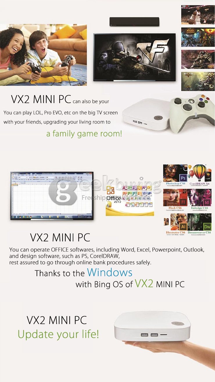 VX2 Celeron J1800 Windows 8.1 Mini PC Intel Dual Core 500G Wi-Fi 802.11 a/b/g/n ac LAN Bluetooth 4.0 XBMC KODI VGA - White