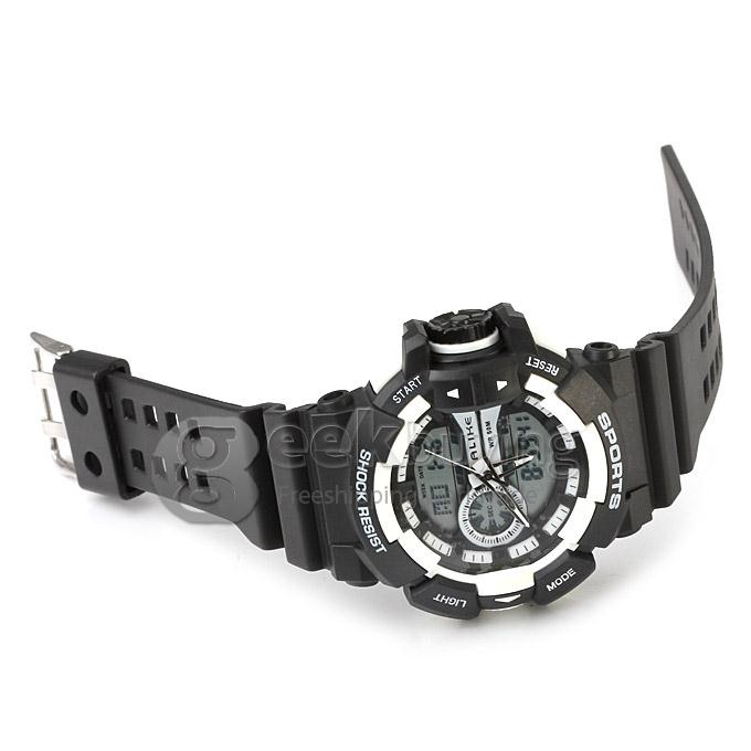 Multi-functional AK14111 Waterproof Sports Watch with Double Movement Analog & Digital Display - White + Black