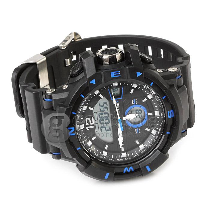 Multi-functional AK14109 Waterproof Sports Watch with Double Movement Analog & Digital Display - Blue + Black