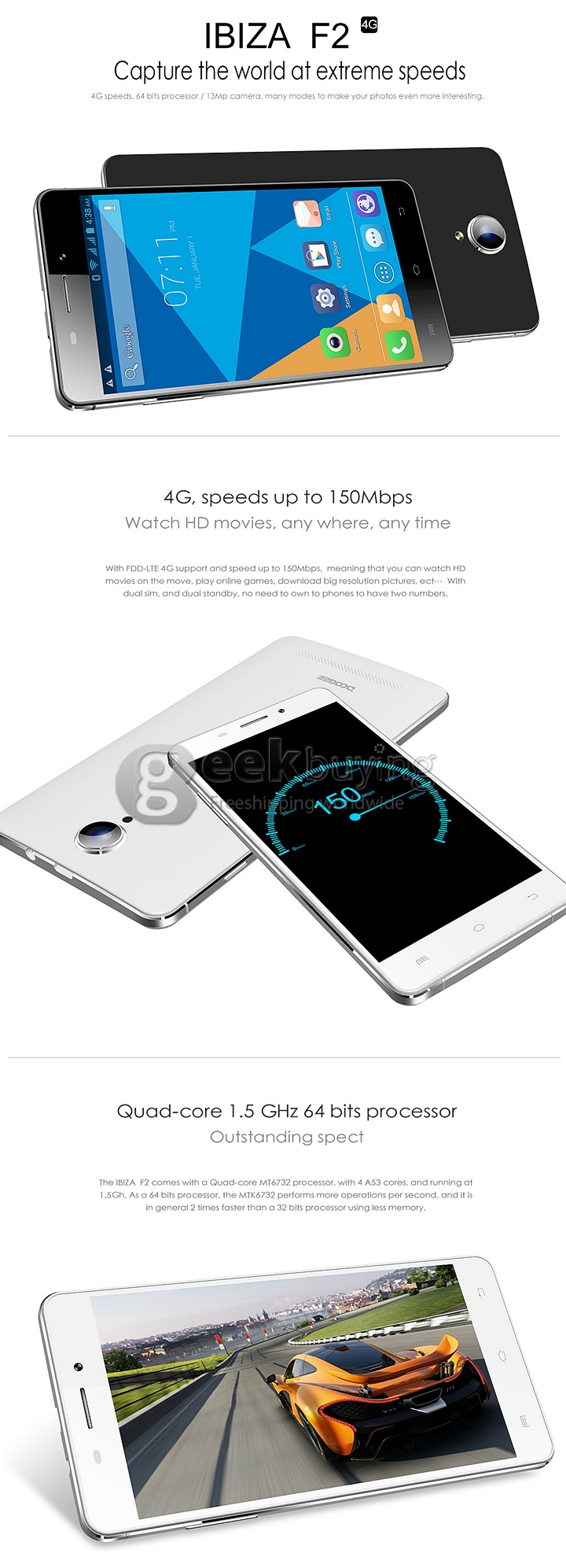 DOOGEE F2 IBIZA 5.0 Inch Android 4.4 Smartphone 4G FDD-LTE 64-Bits MTK6732 Quad Core 1.5GHz 13.0MP 1GB/8GB - White