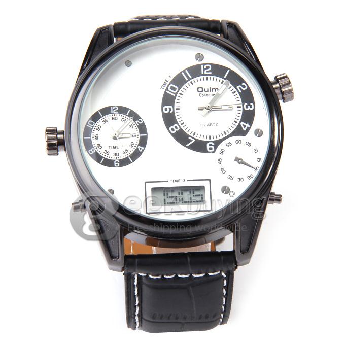 Oulm 3581 Leather Men Watches with Digital Time Double Movt Numbers and Strips Hours - Black + White